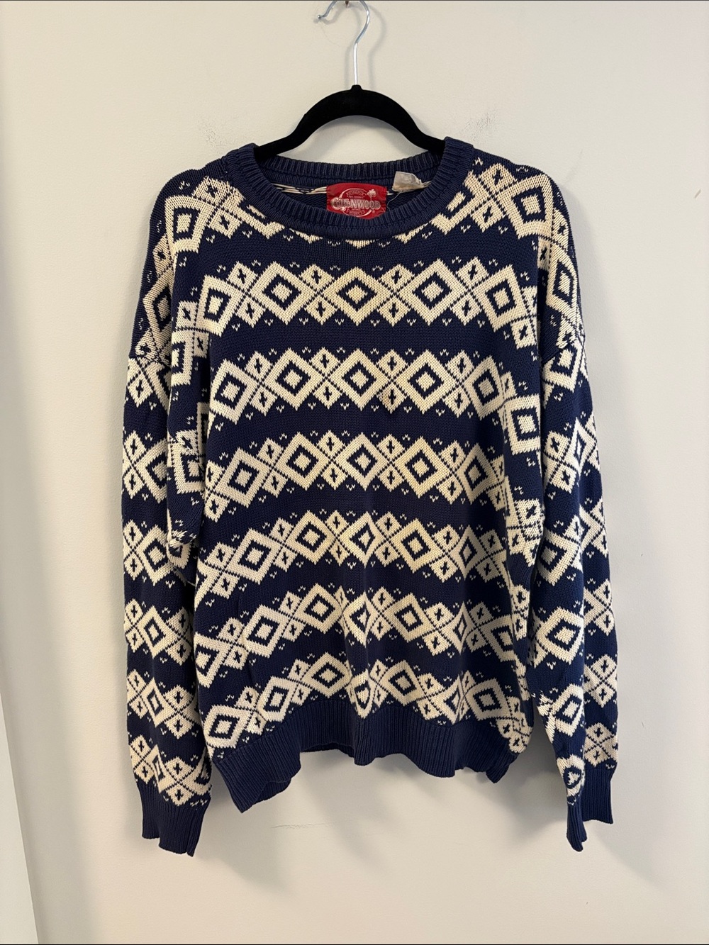 Vintage 90s Cottonwood Navy Cream Fair Isle Geometric Cotton Sweater Size XL